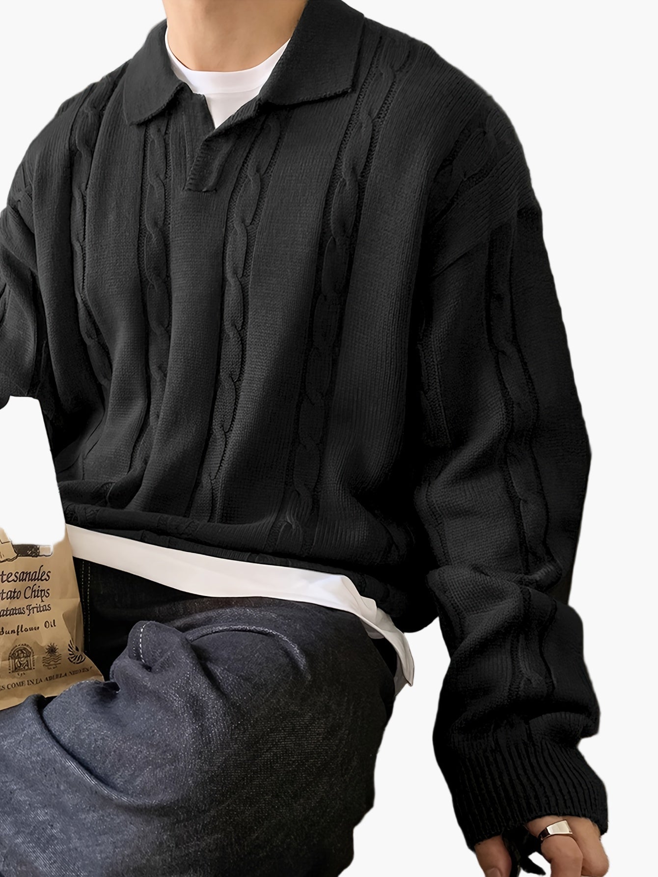 Maglione polo casual da uomo stile intrecciato maniche lunghe per tempo libero e uscite