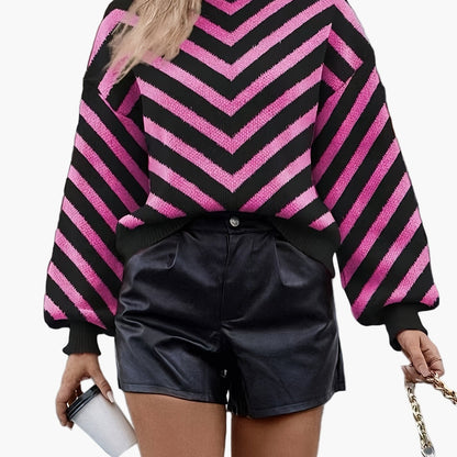 Elegancki sweter damski w paski jodełkowe, styl jesienno-zimowy, z długim rękawem, luźny krój