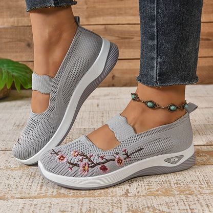 Chaussures décontractées femme confort avec broderie florale et bride élastique – Style marche et loisirs