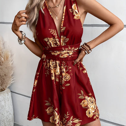 Eleganter Damen-Jumpsuit mit Blumenmuster im Boho-Stil, tiefem Ausschnitt – ideal für Sommer und Ausflüge