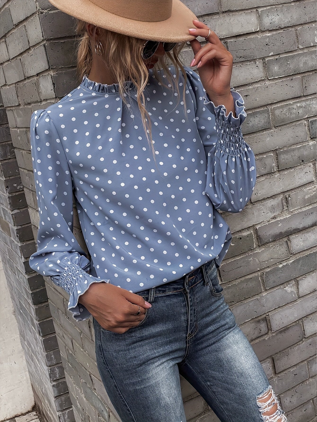 Chemisier Femme à Pois Col Montant Manches Longues Bleue