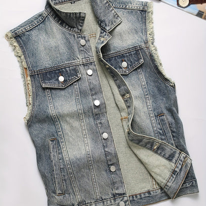 Veste sans manches en denim délavé bleu pour homme avec boutons et poches