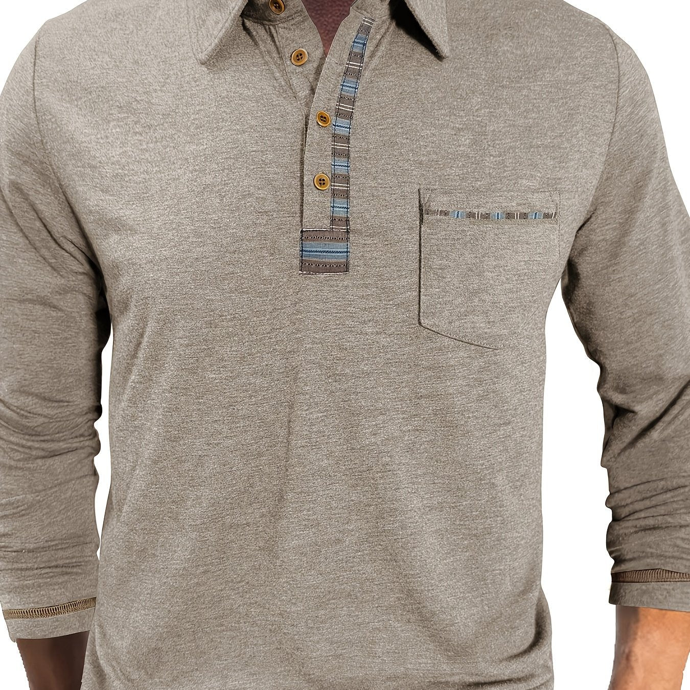 Polo Homme Manches Longues Détails Ethniques Boutons Beige