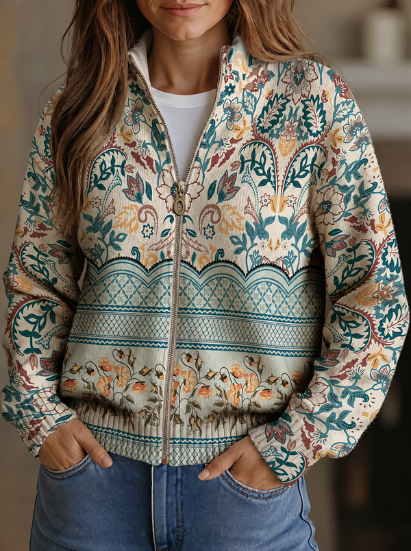 Giacca da donna beige con stampa floreale e chiusura a zip