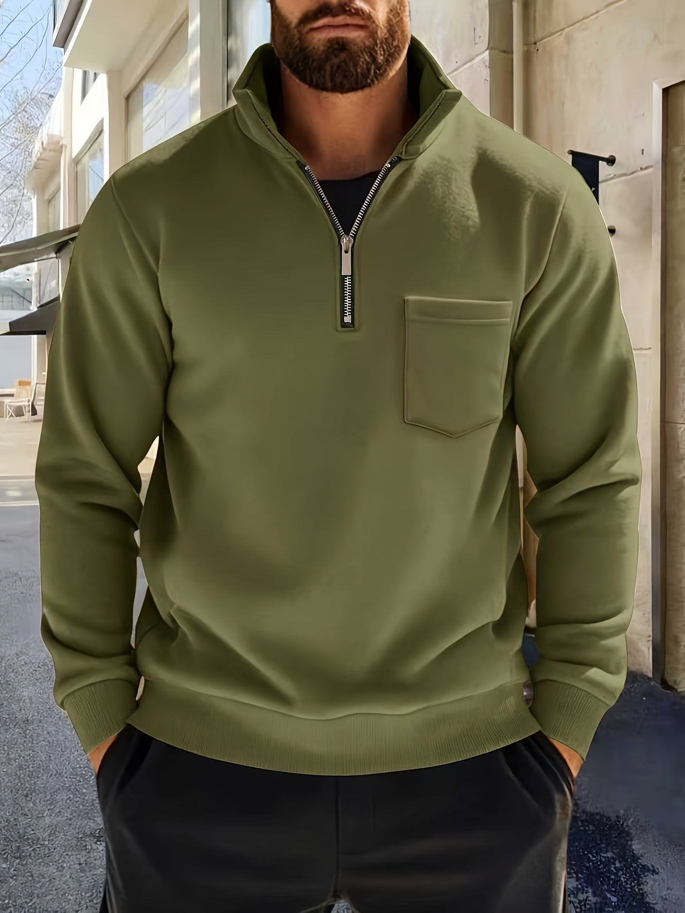 Sweat-shirt Homme Col Montant Zippé avec Poche Poitrine Couleur Unie