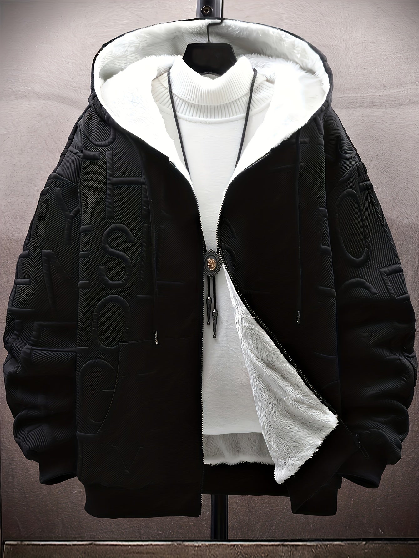 Veste à capuche doublée polaire Homme Noir motif texturé zippée