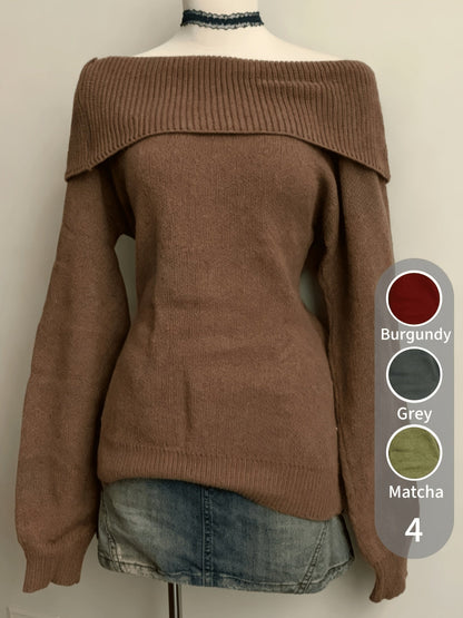 Pull Femme Épaules Dénudées Vert Kaki Tricot Doux Col Rabattu
