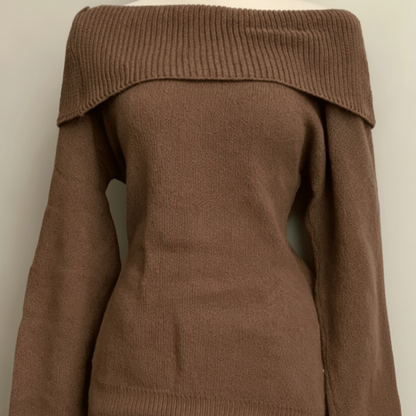 Pull Femme Épaules Dénudées Vert Kaki Tricot Doux Col Rabattu