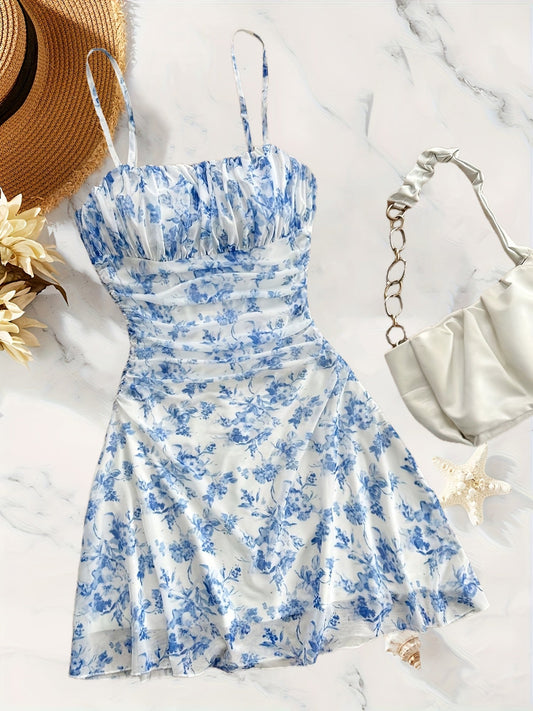 Robe d'été femme style élégant à bretelles fines, imprimé floral pour sorties et vacances