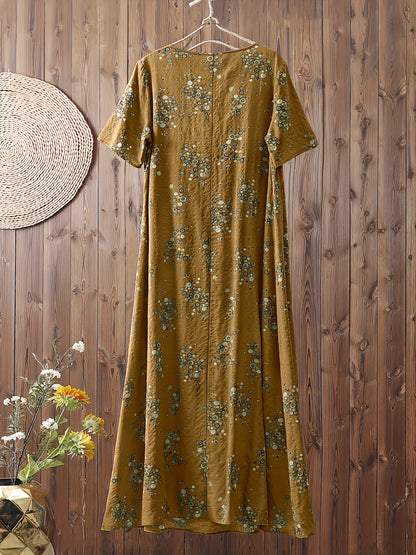 Abito lungo casual donna stile bohemien con stampa floreale e scollo a V, ideale per l'estate