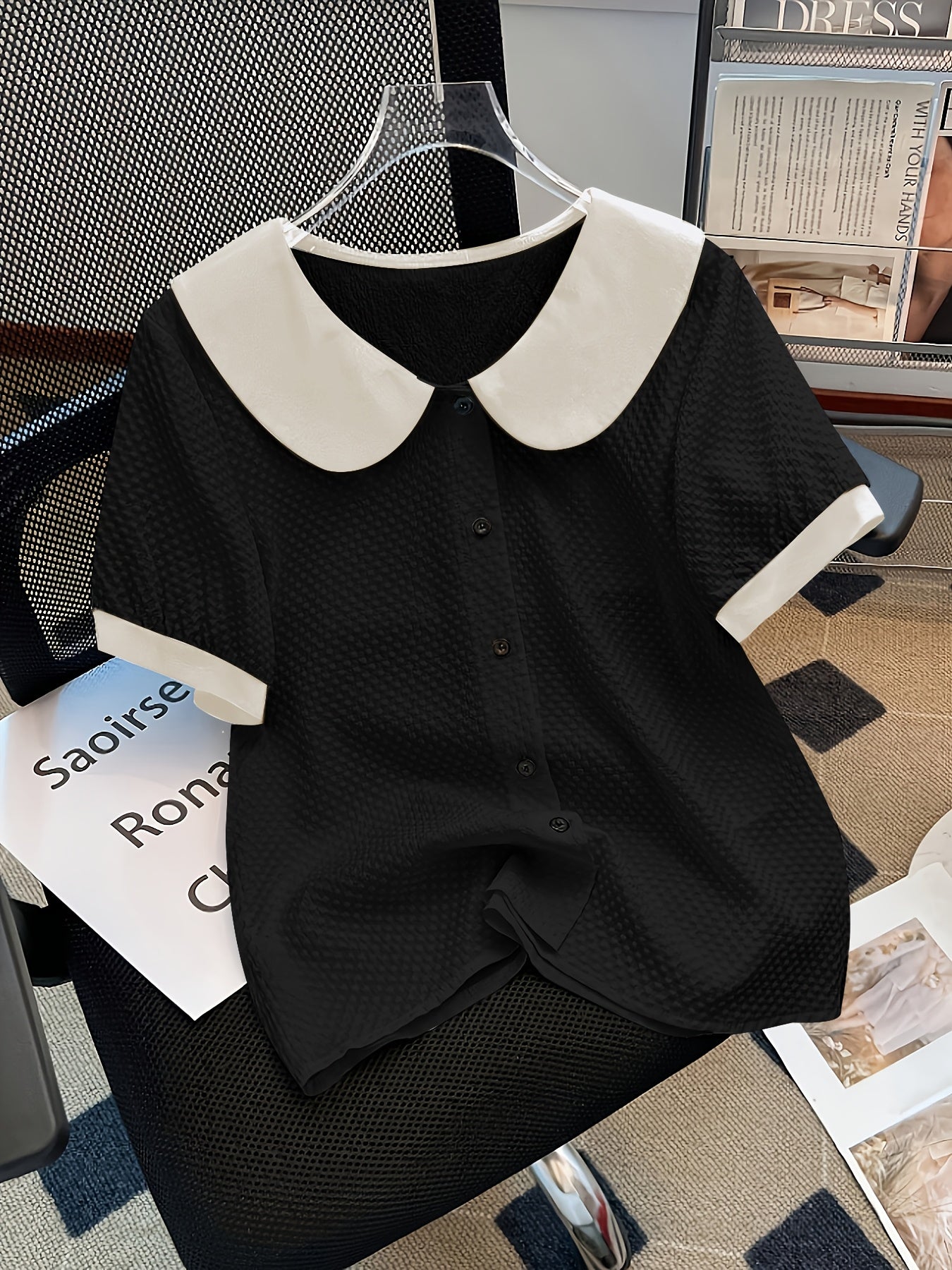 Blusa elegante para mujer con cuello Claudine estilo retro, mangas cortas, ideal para la oficina o salidas
