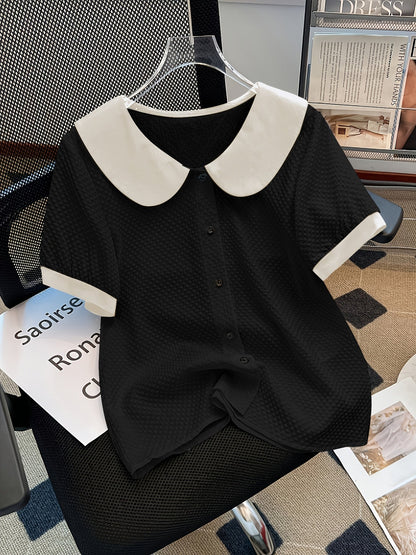 Blusa elegante para mujer con cuello Claudine estilo retro, mangas cortas, ideal para la oficina o salidas