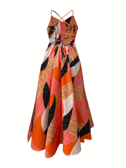 Robe longue élégante pour femme style soirée événement, motif graphique moderne, coupe flatteuse