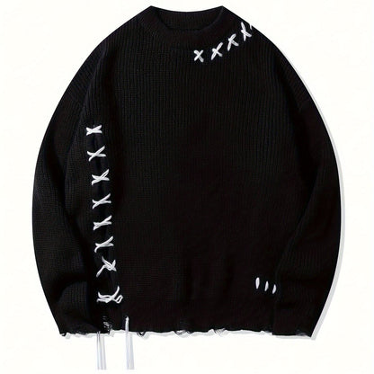 Pull en maille unisexe noir à col rond avec détails de lacets et ourlet effiloché