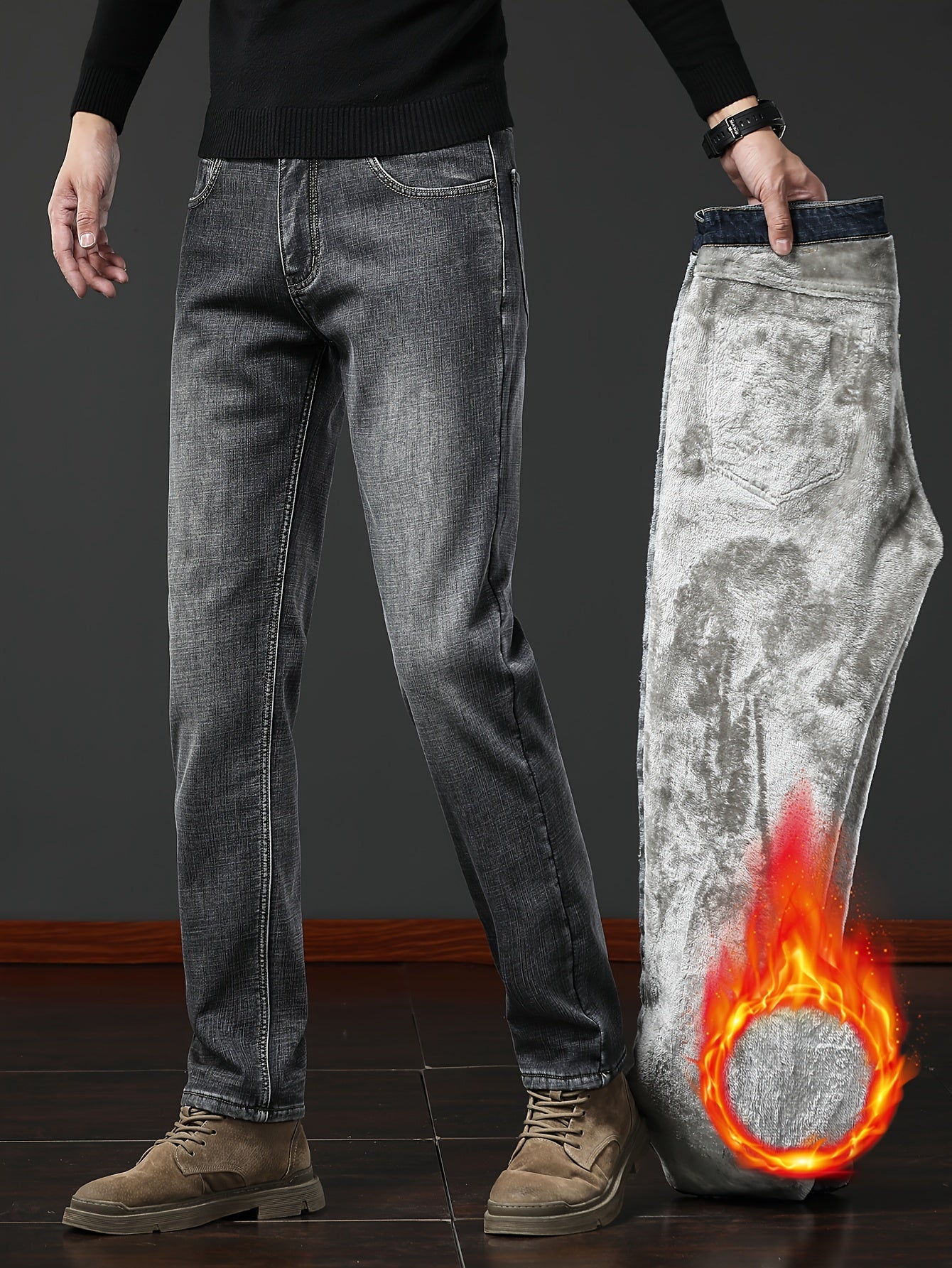 Jean homme doublé polaire coupe droite style décontracté bleu ou gris