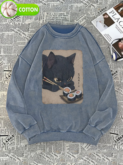 Sweatshirt unisexe gris charbon délavé avec motif chat mangeant des sushis