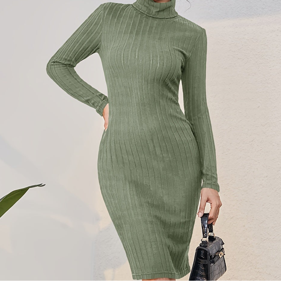 Robe pull côtelée mi-longue Femme col roulé manches longues