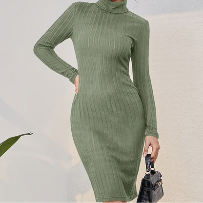 Robe pull côtelée mi-longue Femme col roulé manches longues