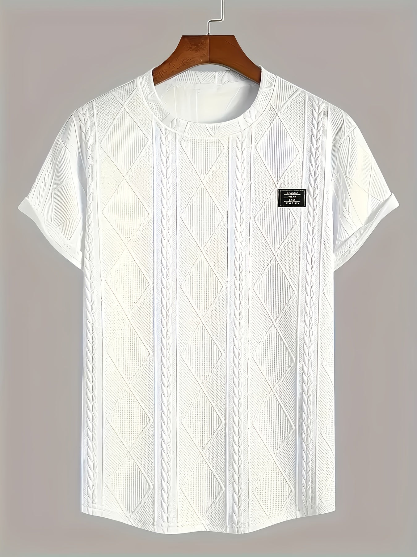 T-shirt homme style casual à motif tricot, col rond, manches courtes, idéal pour l’été
