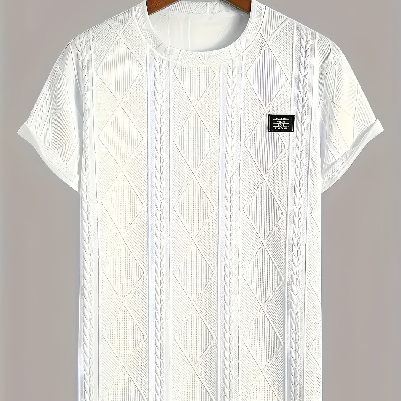 T-shirt homme style casual à motif tricot, col rond, manches courtes, idéal pour l’été