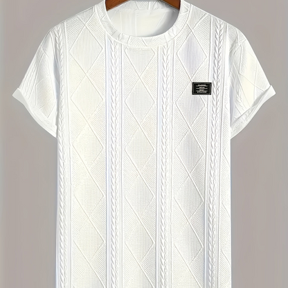 T-shirt homme style casual à motif tricot, col rond, manches courtes, idéal pour l’été