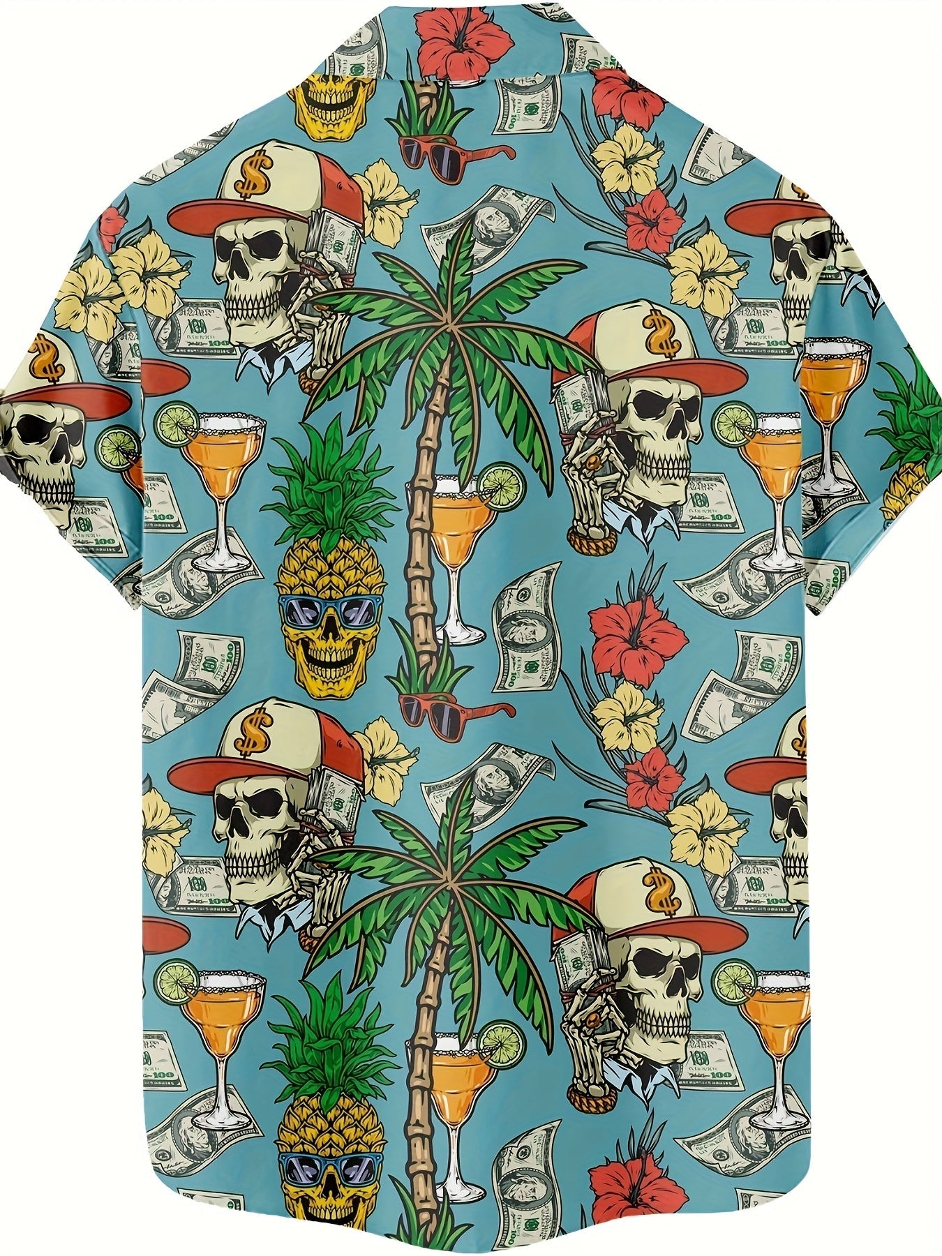 Hawaiihemd für Herren mit tropischem Motiv, Totenkopf und Dollarzeichen – lässiger Sommer-, Strand- und Urlaubsstil  