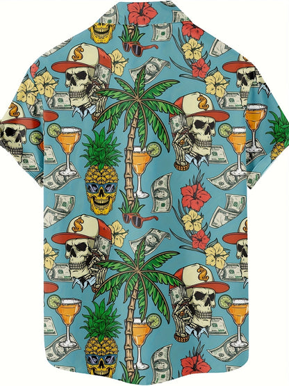 Hawaiihemd für Herren mit tropischem Motiv, Totenkopf und Dollarzeichen – lässiger Sommer-, Strand- und Urlaubsstil  