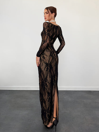 Abito donna elegante aderente stile serata con maniche lunghe e scollo quadrato