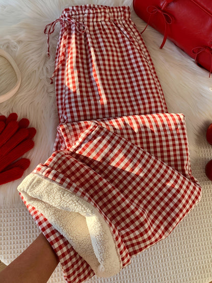 Pantalon de pyjama Doux Vichy Carreaux Rouges et Blancs Doublé Polaire pour Femme