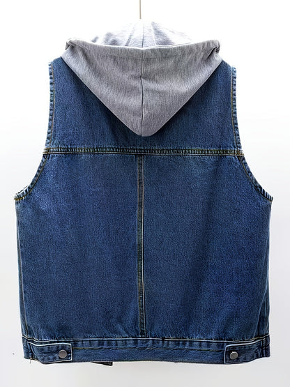 Gilet en jean sans manches avec capuche grise amovible pour femme