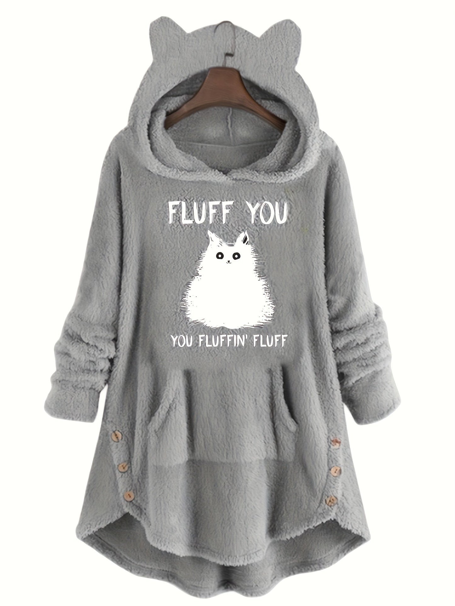 Pull à Capuche Teddy Femme Motif Chat "Fluff You" Rouge Bordeaux avec Oreilles