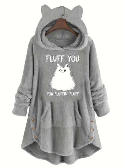 Pull à Capuche Teddy Femme Motif Chat "Fluff You" Rouge Bordeaux avec Oreilles