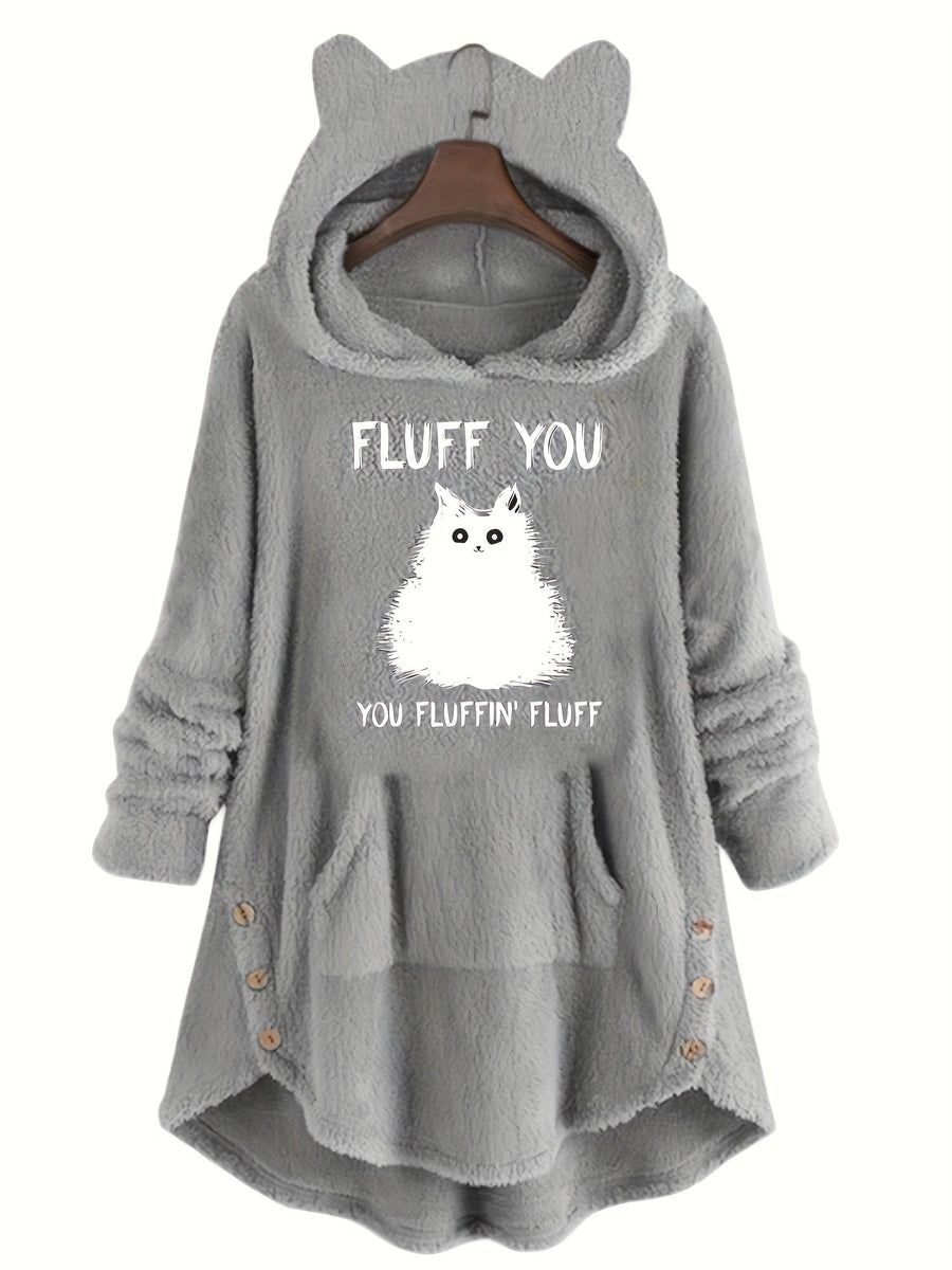 Pull à Capuche Teddy Femme Motif Chat "Fluff You" Rouge Bordeaux avec Oreilles