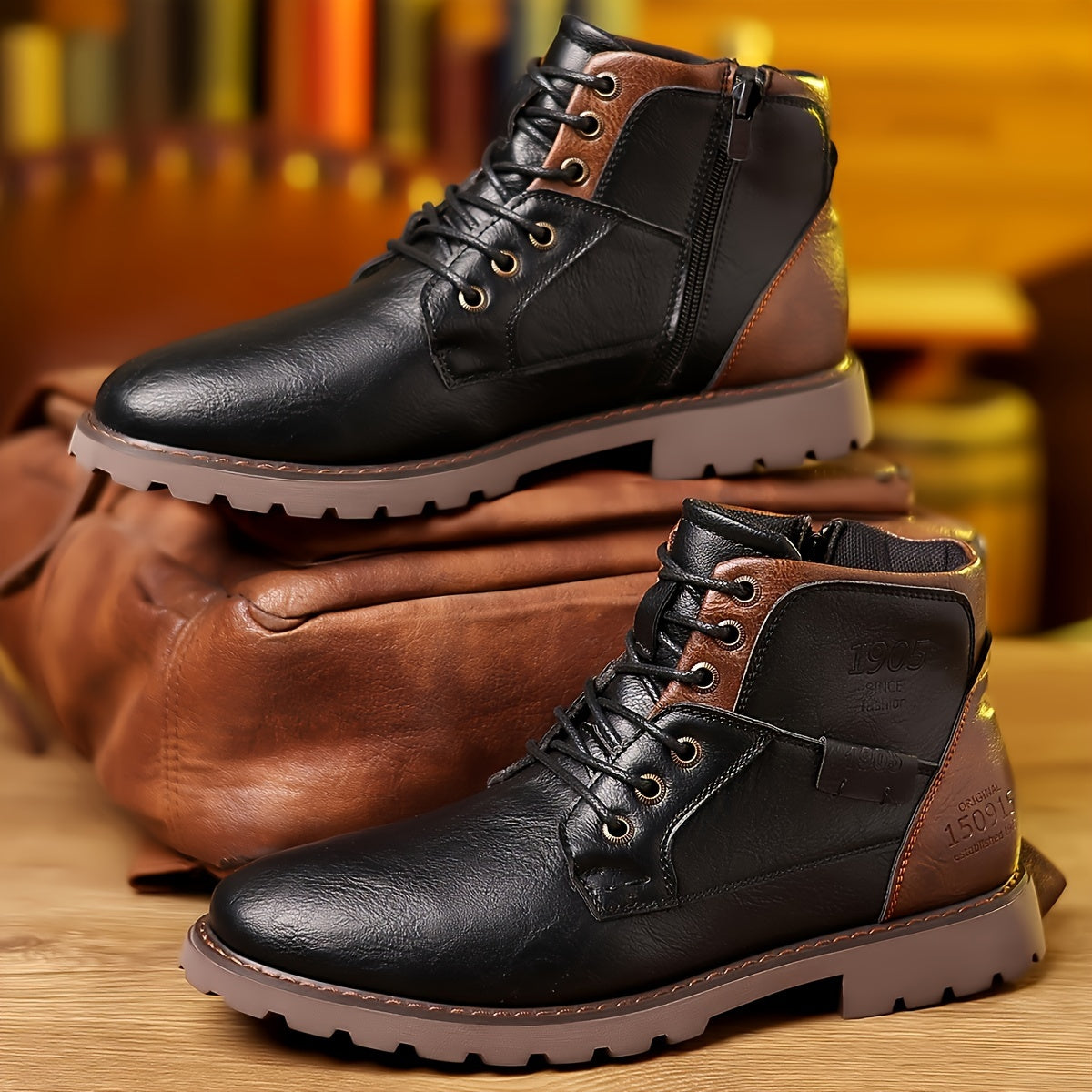 Bottes montantes homme marron lacées avec fermeture éclair latérale et semelle crantée