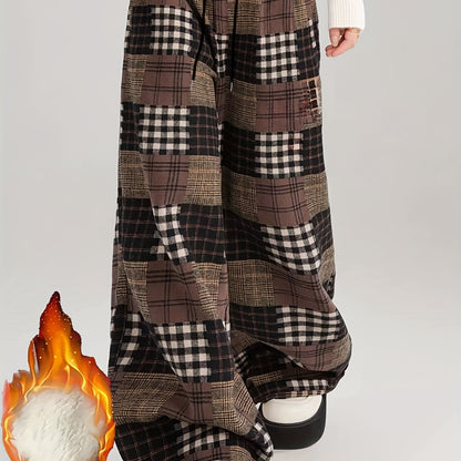 Pantalon large à carreaux style patchwork marron doublé doux