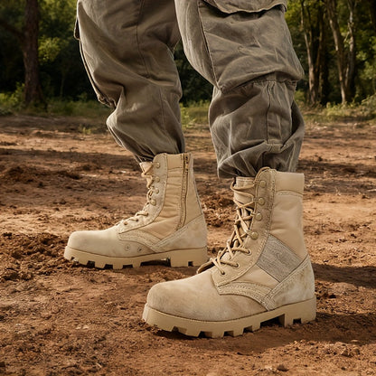 Bottes tactiques homme beige mi-montantes avec lacets et fermeture éclair latérale