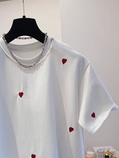 Lässiges Damen-T-Shirt mit gesticktem Herzmotiv, trendiger Stil für den Alltag  