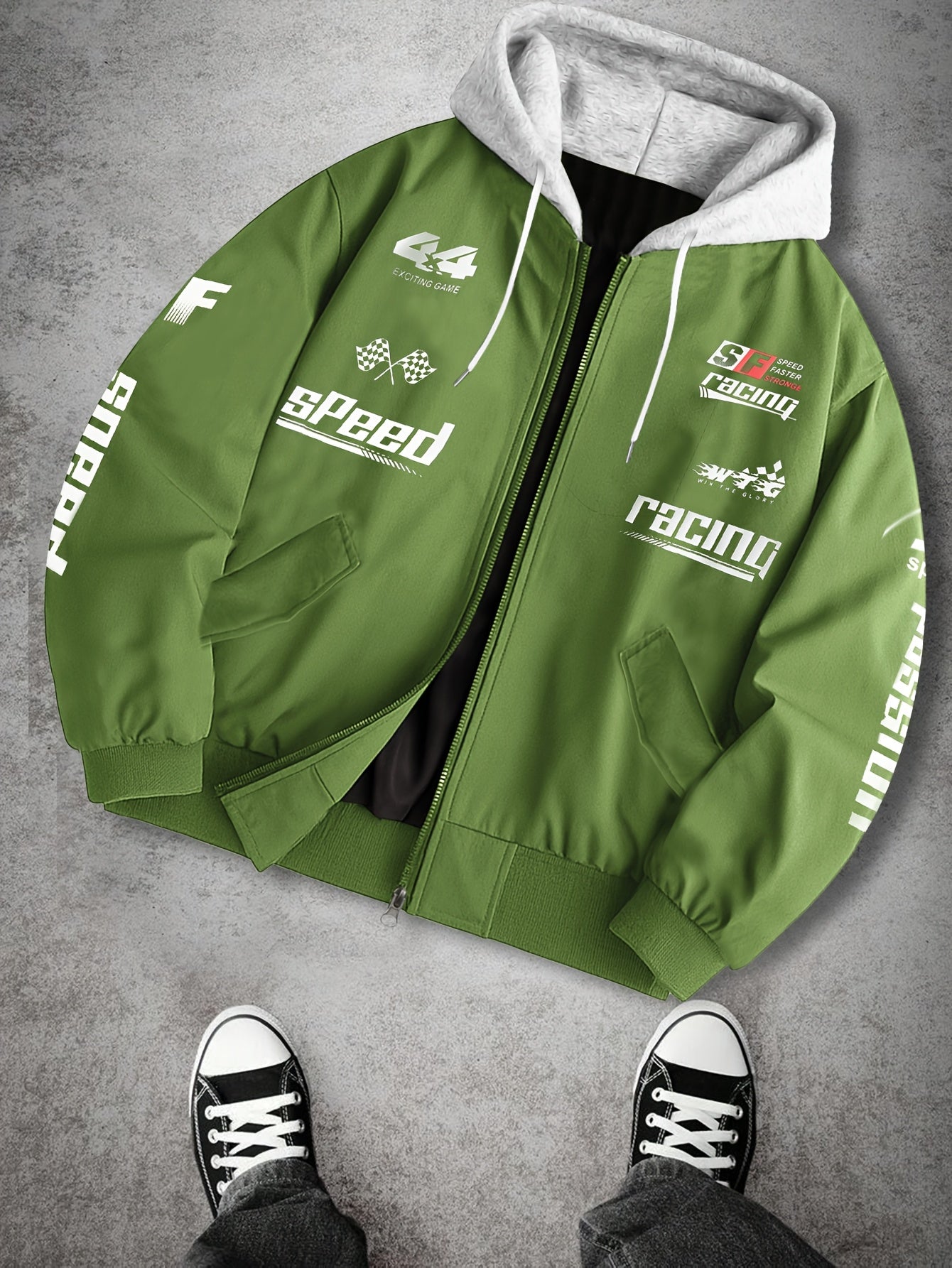 Blouson Bomber Homme Capuche Amovible Zippé avec Imprimés Racing Vert Clair