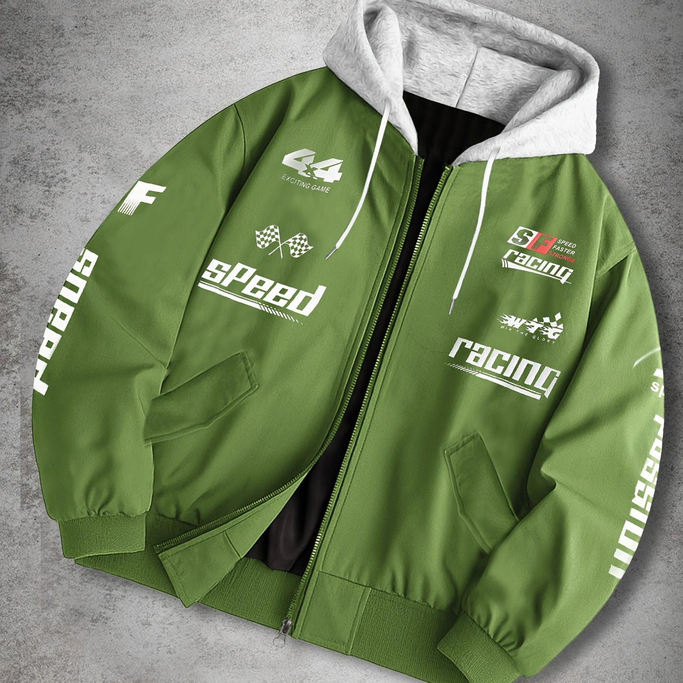 Blouson Bomber Homme Capuche Amovible Zippé avec Imprimés Racing Vert Clair