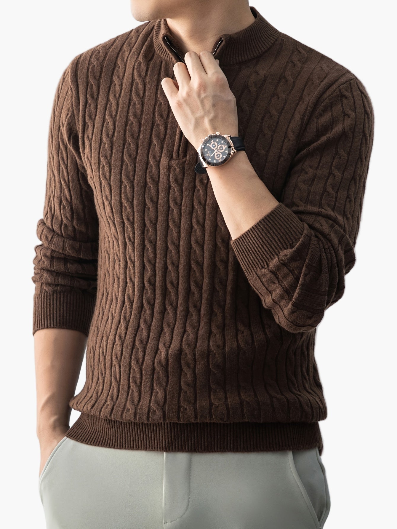 Pull à Col Montant Zippé Homme Style Casual Motif Torsadé pour Automne Hiver