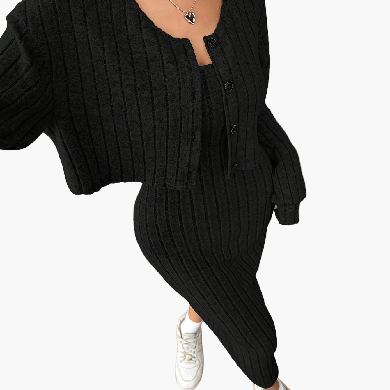 Completo Donna Elegante Due Pezzi Maglione con Bottoni e Gonna Lunga Stile Casual Primavera Autunno