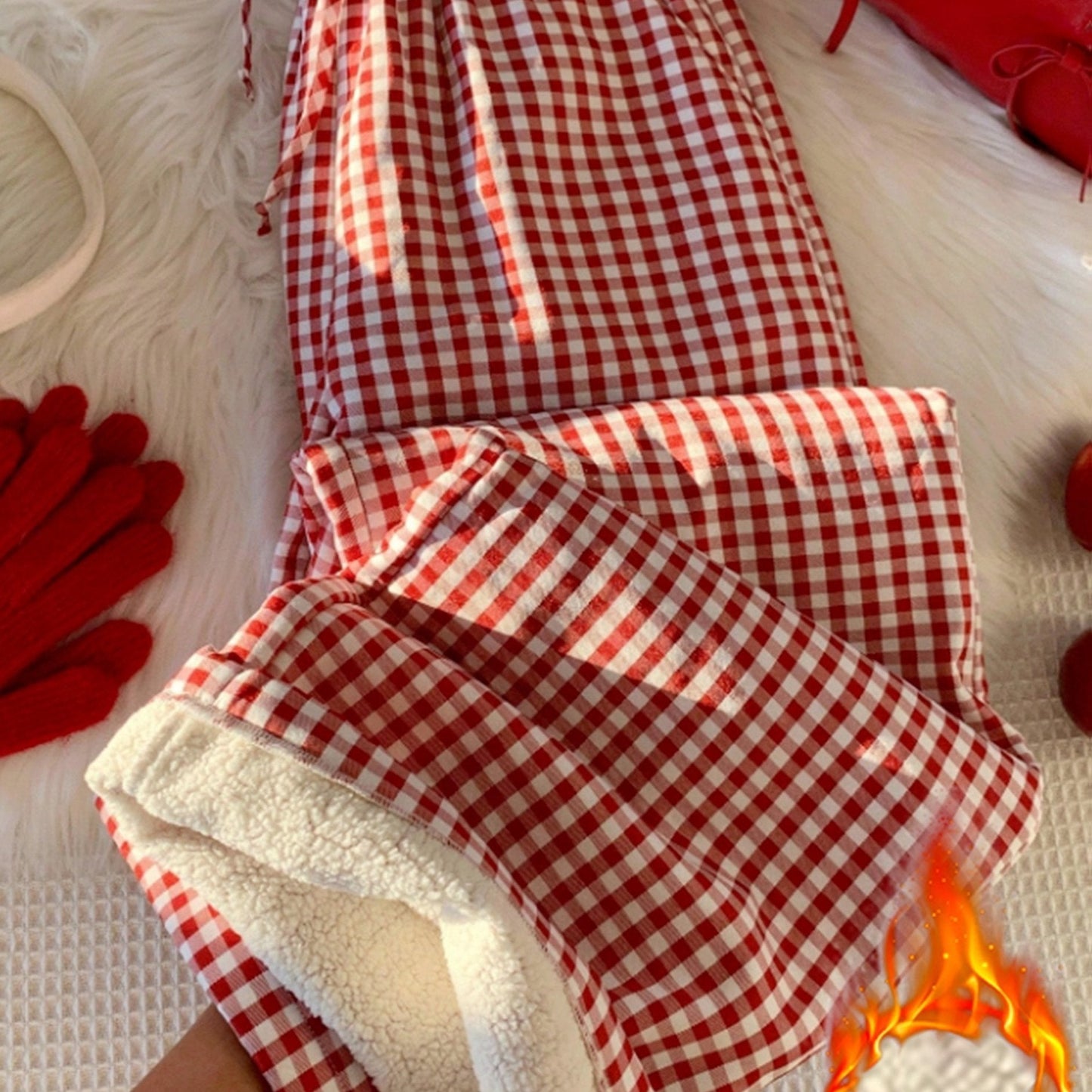 Pantalon de pyjama Doux Vichy Carreaux Rouges et Blancs Doublé Polaire pour Femme
