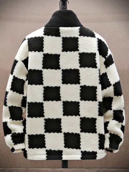 Veste Polaire Homme à Carreaux Bicolores Douce Col Montant Fermeture Éclair