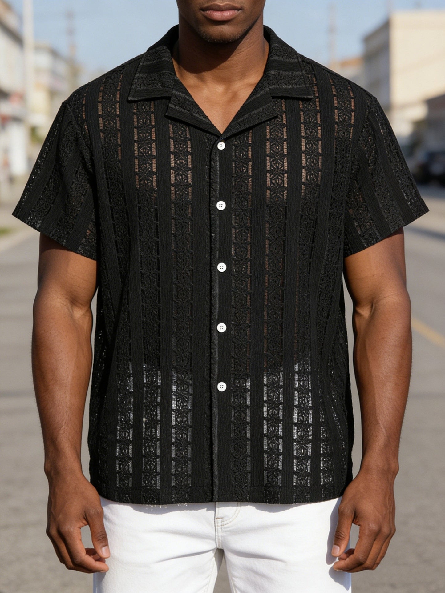 Chemise de vacances pour homme à manches courtes, style resort, élégante et ajourée