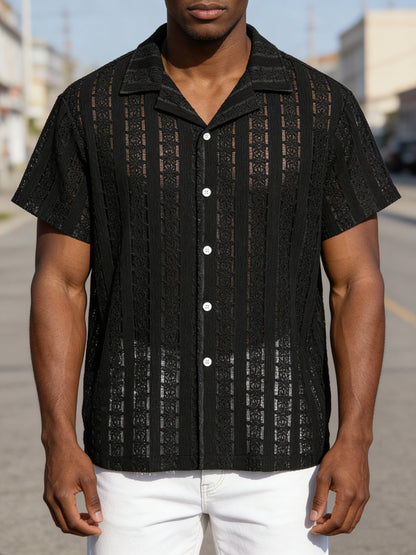 Chemise de vacances pour homme à manches courtes, style resort, élégante et ajourée