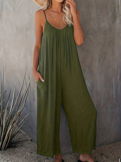 Mono holgado casual para mujer estilo verano con tirantes finos y bolsillos – Look chic y cómodo para vacaciones o ciudad