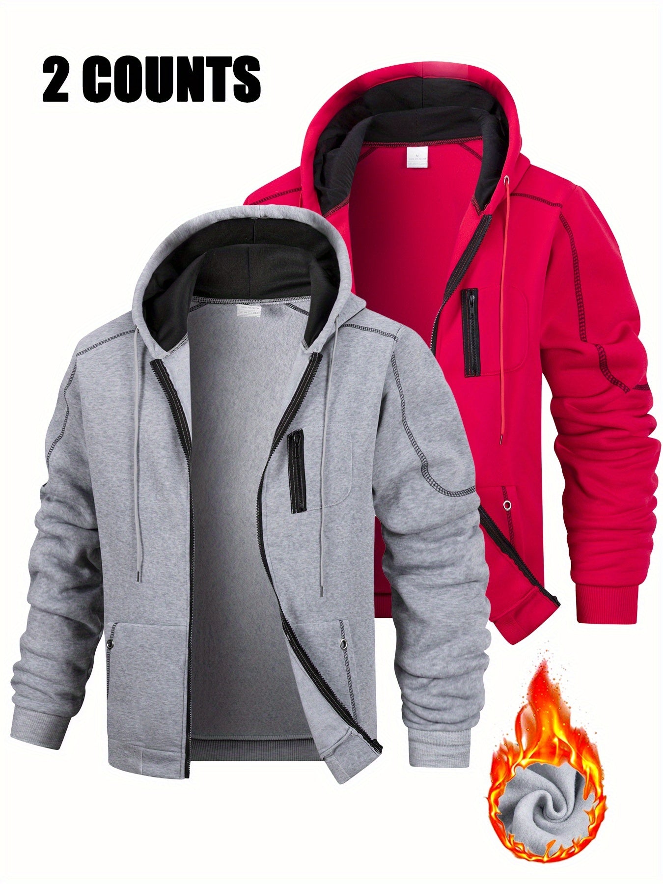 Lot de 2 Hoodies Homme Zippés Bicolores Chauds avec Capuche et Poches