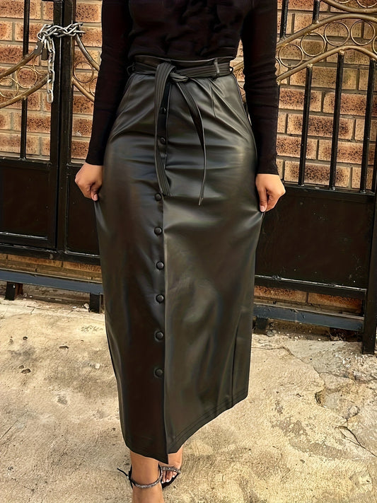 Jupe longue femme noire aspect cuir boutonnée devant avec ceinture à nouer
