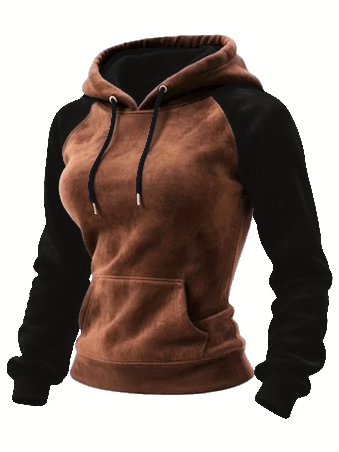 Sweat à Capuche Femme Bicolore Marron et Noir avec Manches Raglan