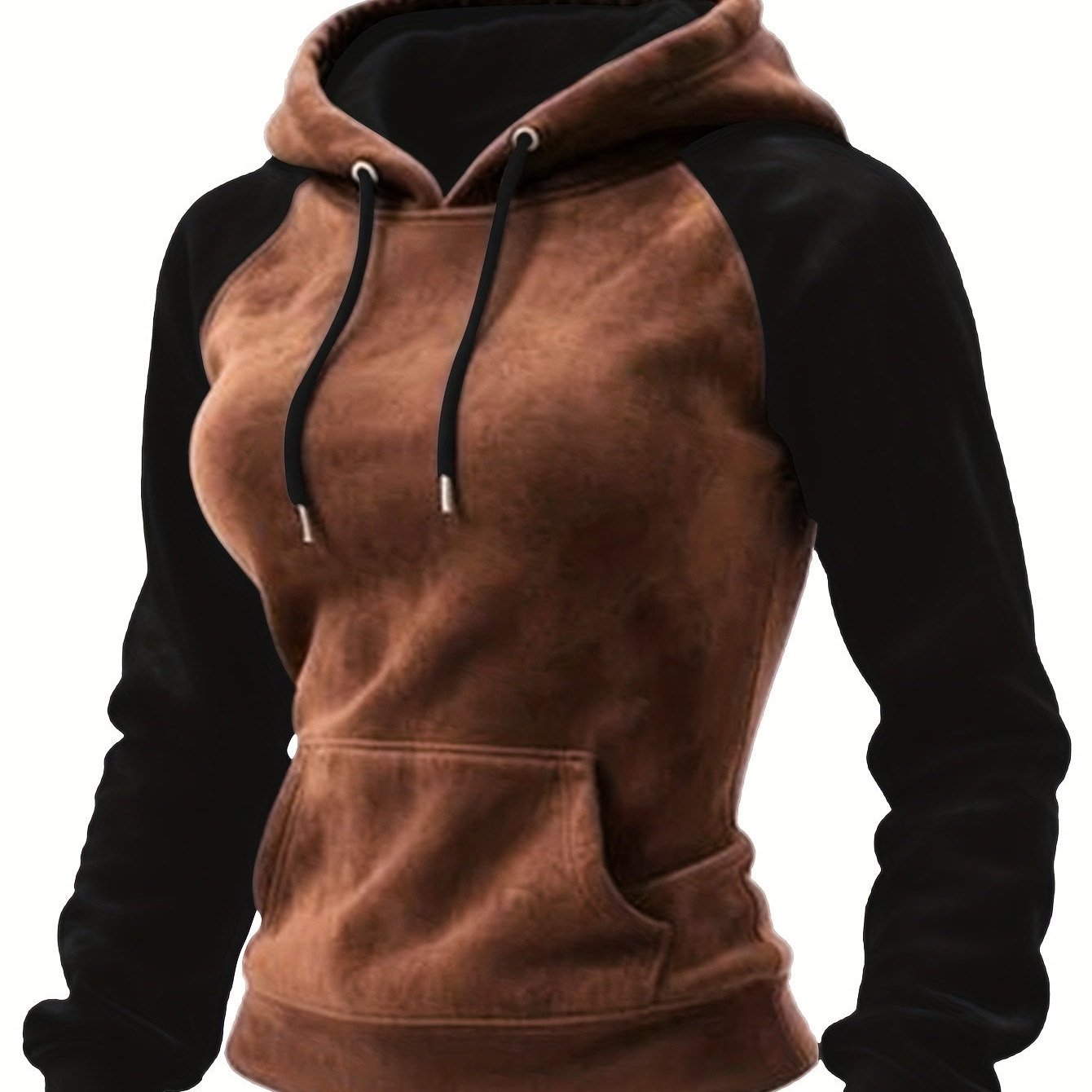Sweat à Capuche Femme Bicolore Marron et Noir avec Manches Raglan